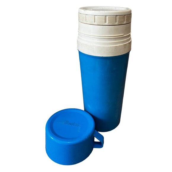Vintage Aladdin 1 Liter Thermos Blue & White Plastic with Cup and Closure - Picture 1 of 10